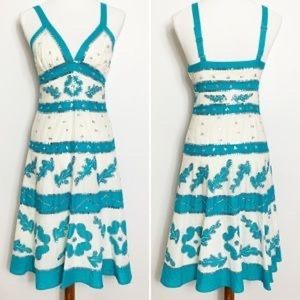 BCBGMaxazria Teal White Sequin Leaf Dress size 8